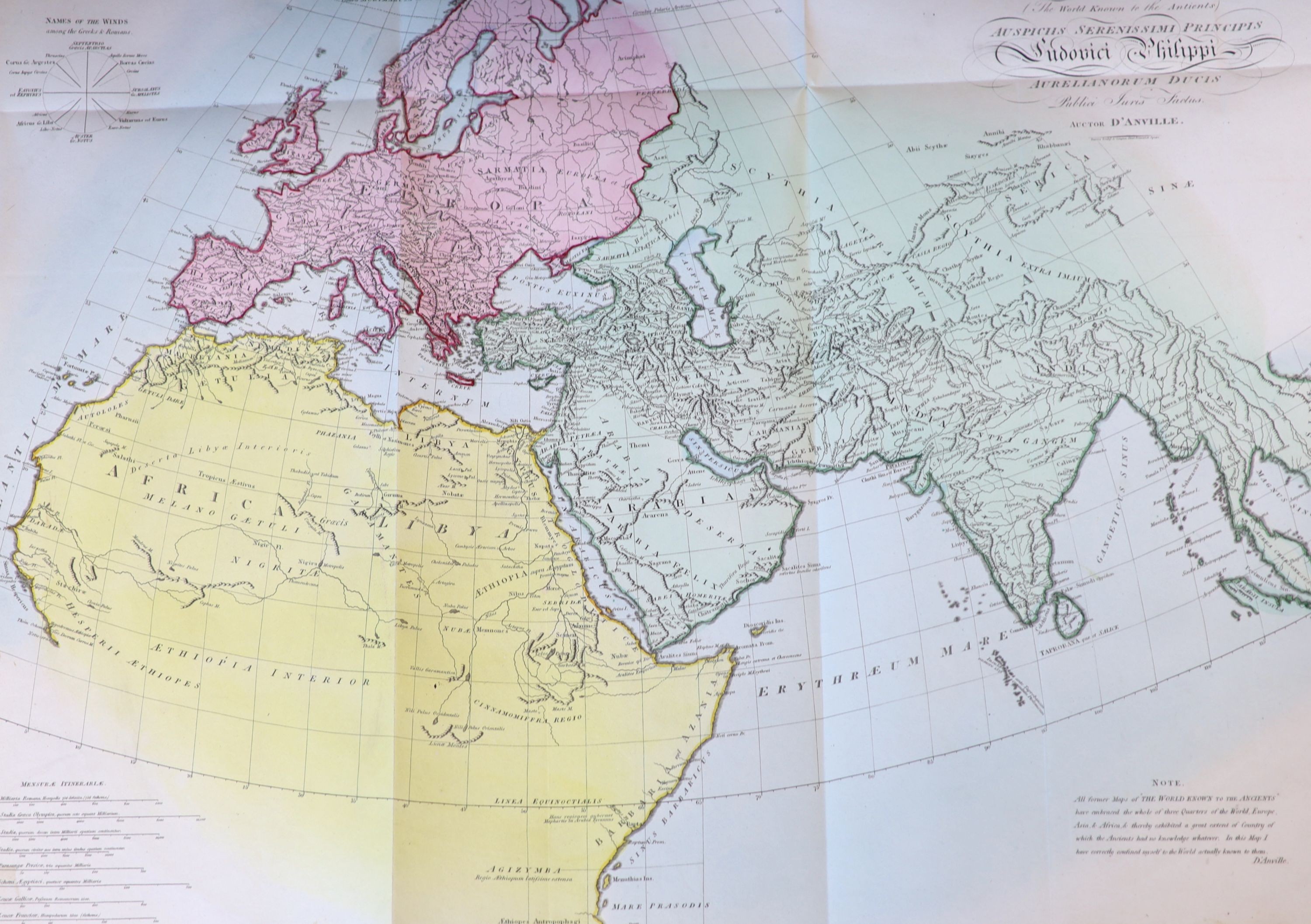 Anville, Jean Baptiste Bourguingnon d’ - Atlas and Geography of the Antients, folio, half leather, with 10 hand-coloured folding maps, including the World map, some early leaves and maps loose, London 1815